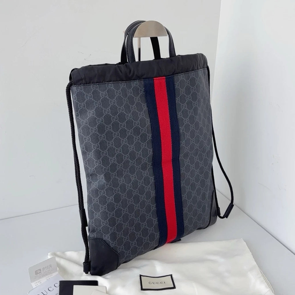 Excellent Gucci Black Monogram Drawstring Satchel Bag Handbag Backpack