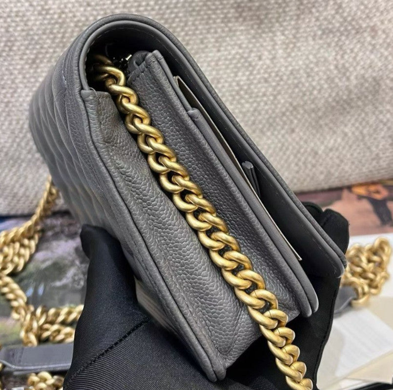 Chanel Leboy WOC Chain Shoulder Bag Crossbody Gray Gold Diamond Women Classic