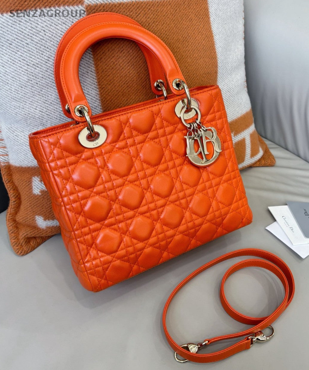Christian Dior Lady Top Handle Lambskin 2WAY Shoulder Handbag Women Orange