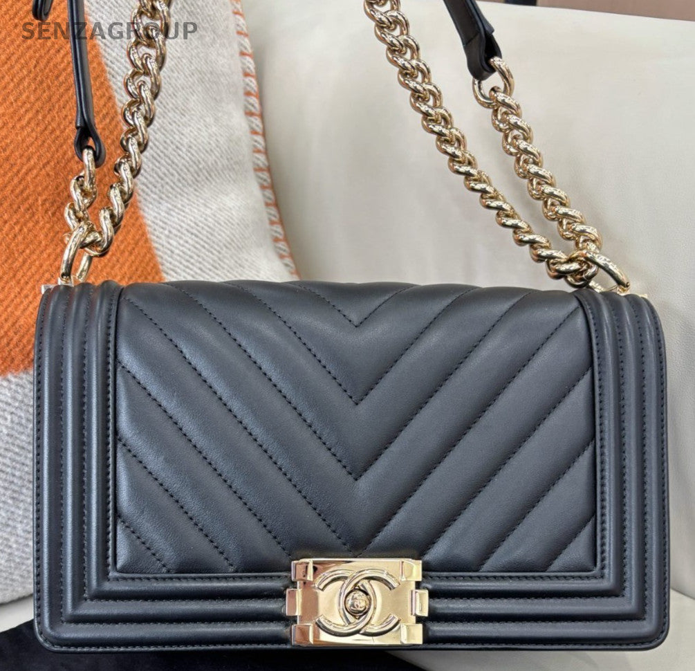 Chanel Leboy MM Calfskin Chain Shoulder Bag Black Gold Women Designer