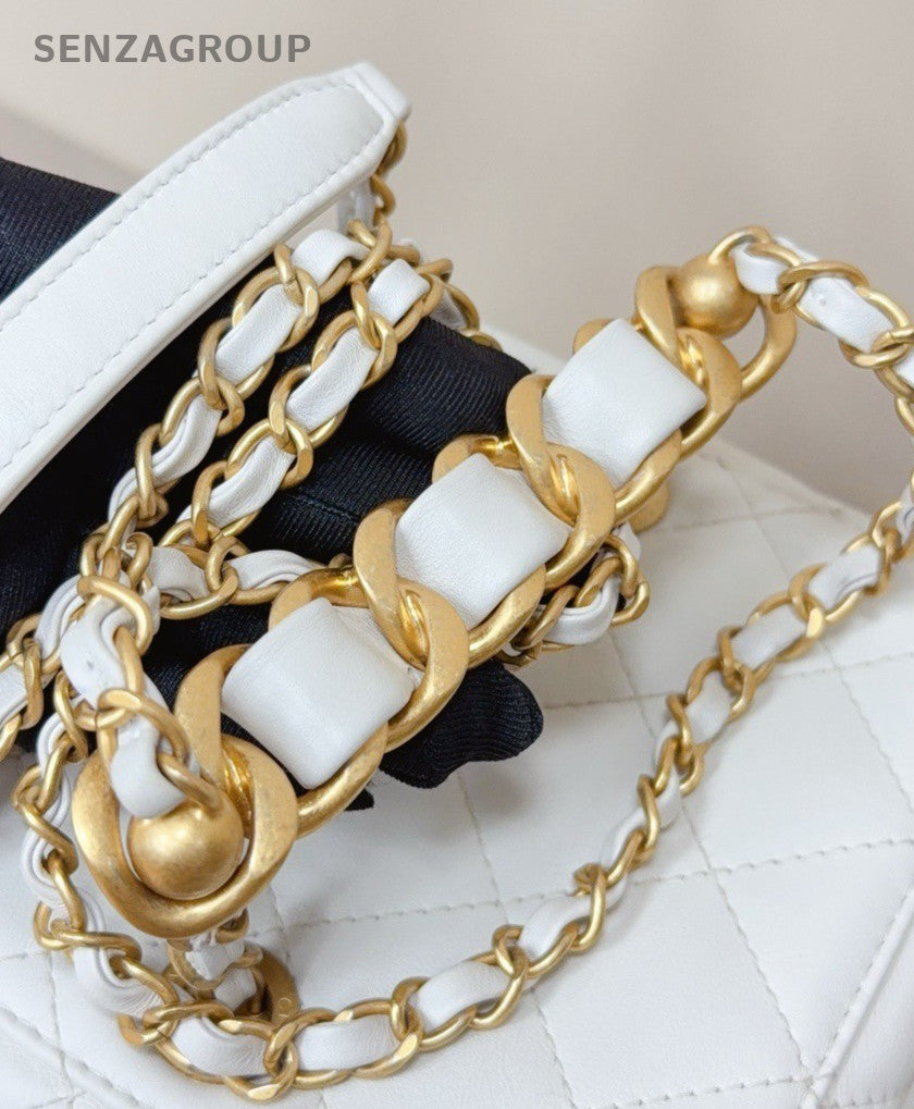 Chanel Diamond Pattern Chain Top Hand Shoulder Bag White Gold Used Women Classic