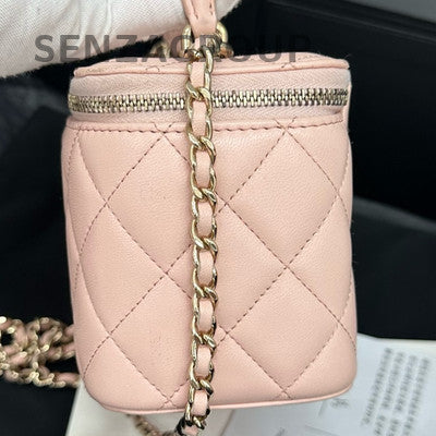 Chanel Quilted Vanity Case Pink Gold Handle Top Handle Crossbody Bag