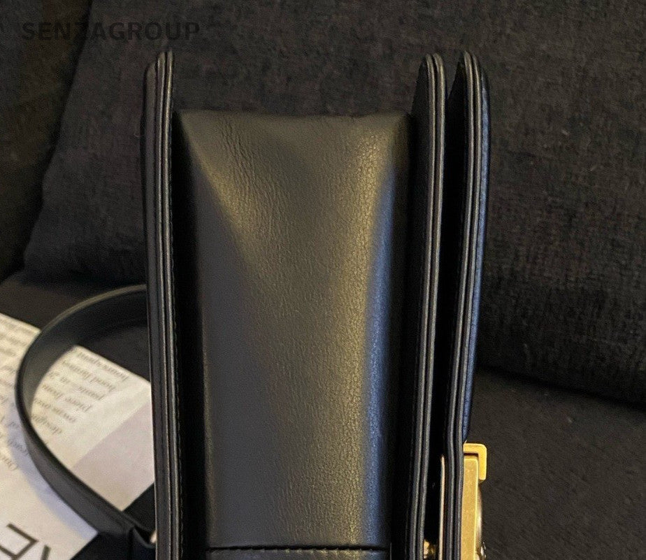 Chanel Leboy MM Calfskin Chain Shoulder Bag Crossbody Black Gold Women Classic