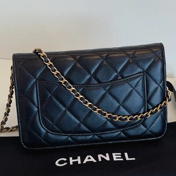 Authentic Chanel WOC Diamond Chain Black Shoulder Bag Crossbody Gold Hardware