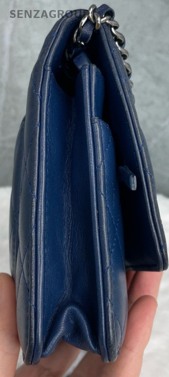 Chanel Classic Flap Calfskin Chain Shoulder Bag Blue Silver Women Designer