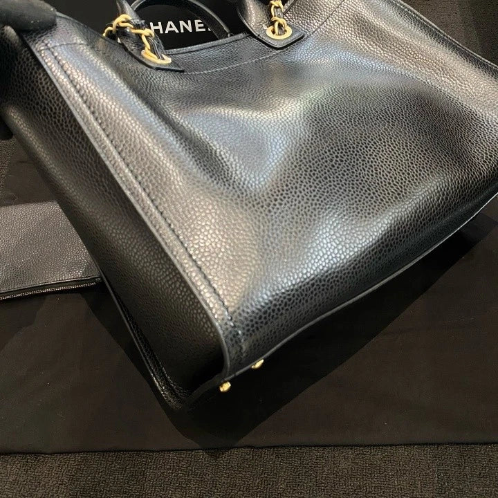Chanel Tote GM Calfskin Top Handle Shoulder Bag Black Gold Hardware Women D