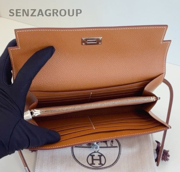 Hermes Kelly Long Wallet Clutch Epsom Brown Silver Used Women Classic Fashion