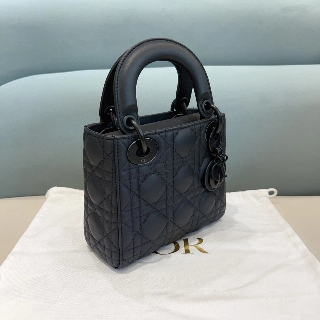 Dior So Black 3-Grid Matte Black Lady Dior Top Handle Bag For Women