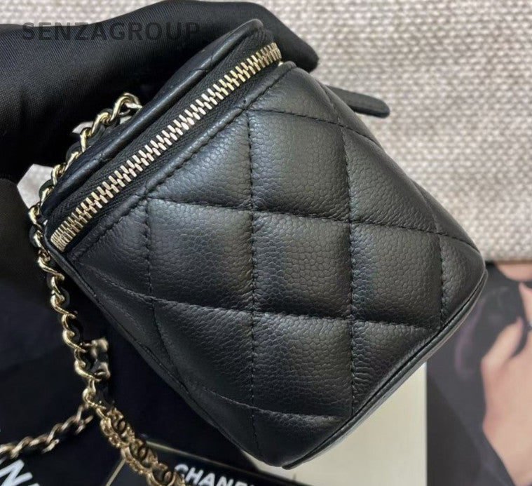 Chanel Diamond Chain Calfskin Box Crossbody Black Gold Women Classic Fashion