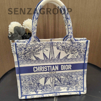 Dior Embroidered Small Tote Bag Blue White Classic Fashion Women