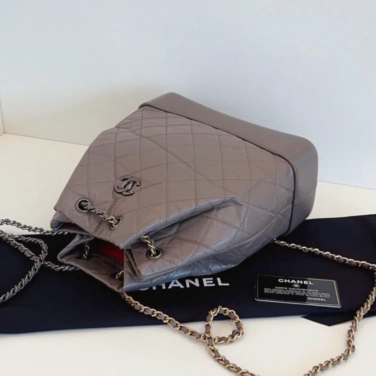 Chanel Gabrielle MM Chain Backpack Shoulder Bag Gray Gold Women Classic