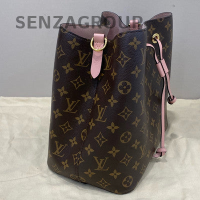 LV Monogram Bucket Bag Drawstring Shoulder Bag Brown Pink Gold Hardware