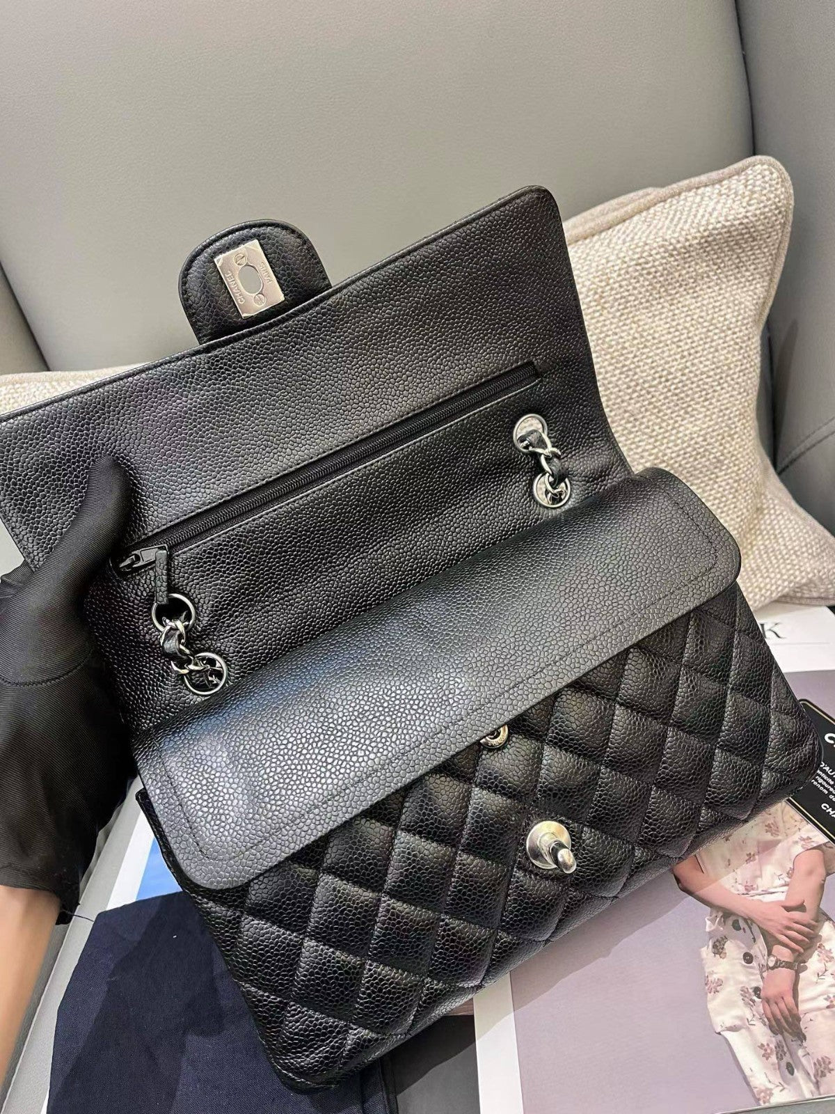 Chanel Classic Flap MM Calfskin Chain Shoulder Bag Crossbody Black Silver Women