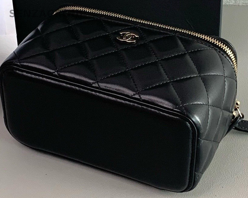 Chanel Quilted Lambskin Long Cosmetic Case Shoulder Crossbody Bag Black Women