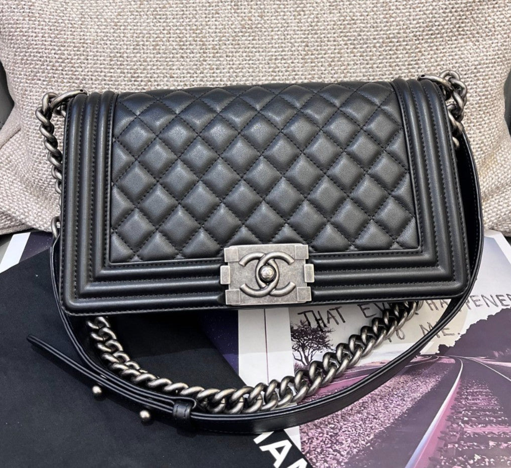 Chanel Leboy MM Calfskin Chain Shoulder Bag Crossbody Black Silver Women Classic