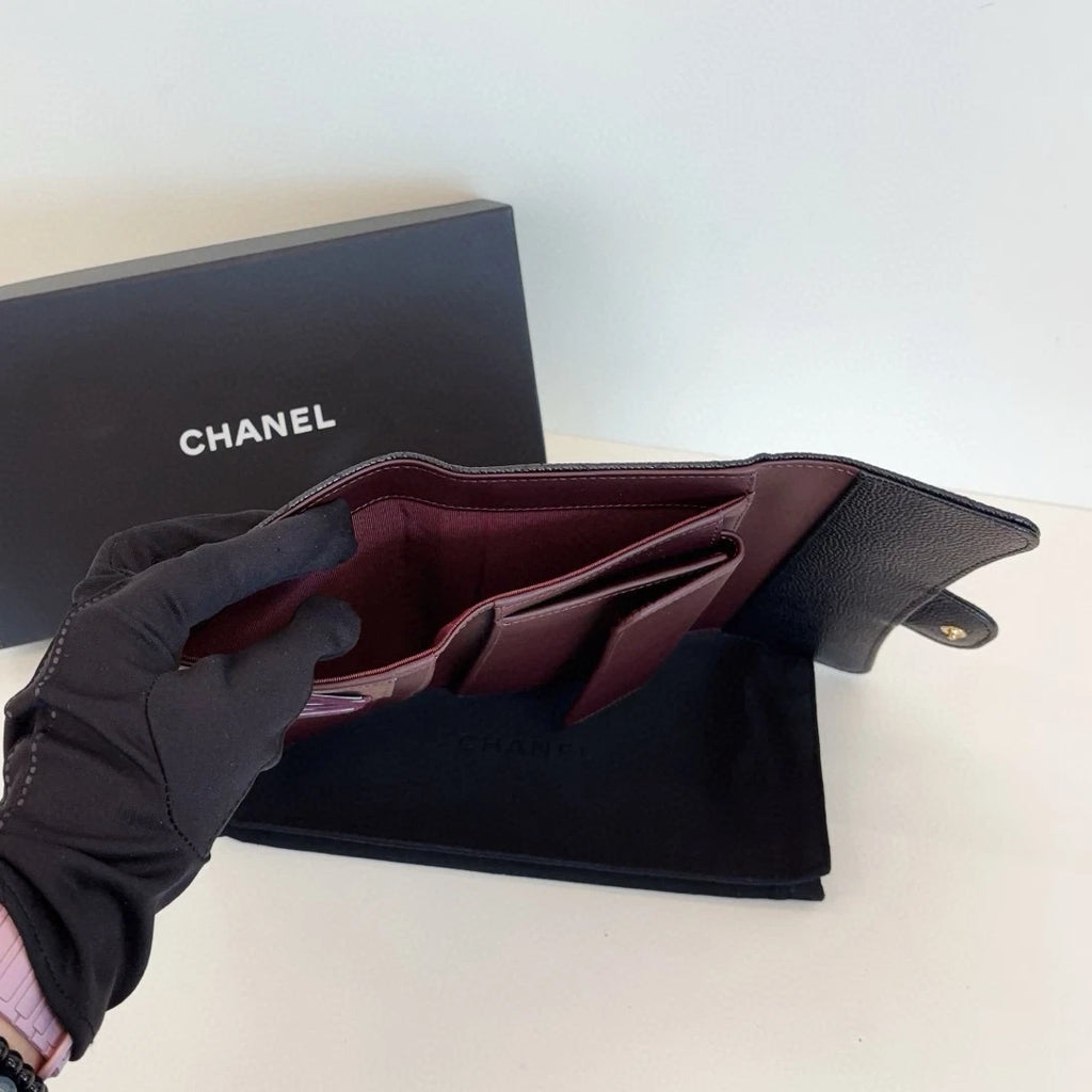 Chanel Classic Flap Long Wallet Diamond Black Gold Used Women