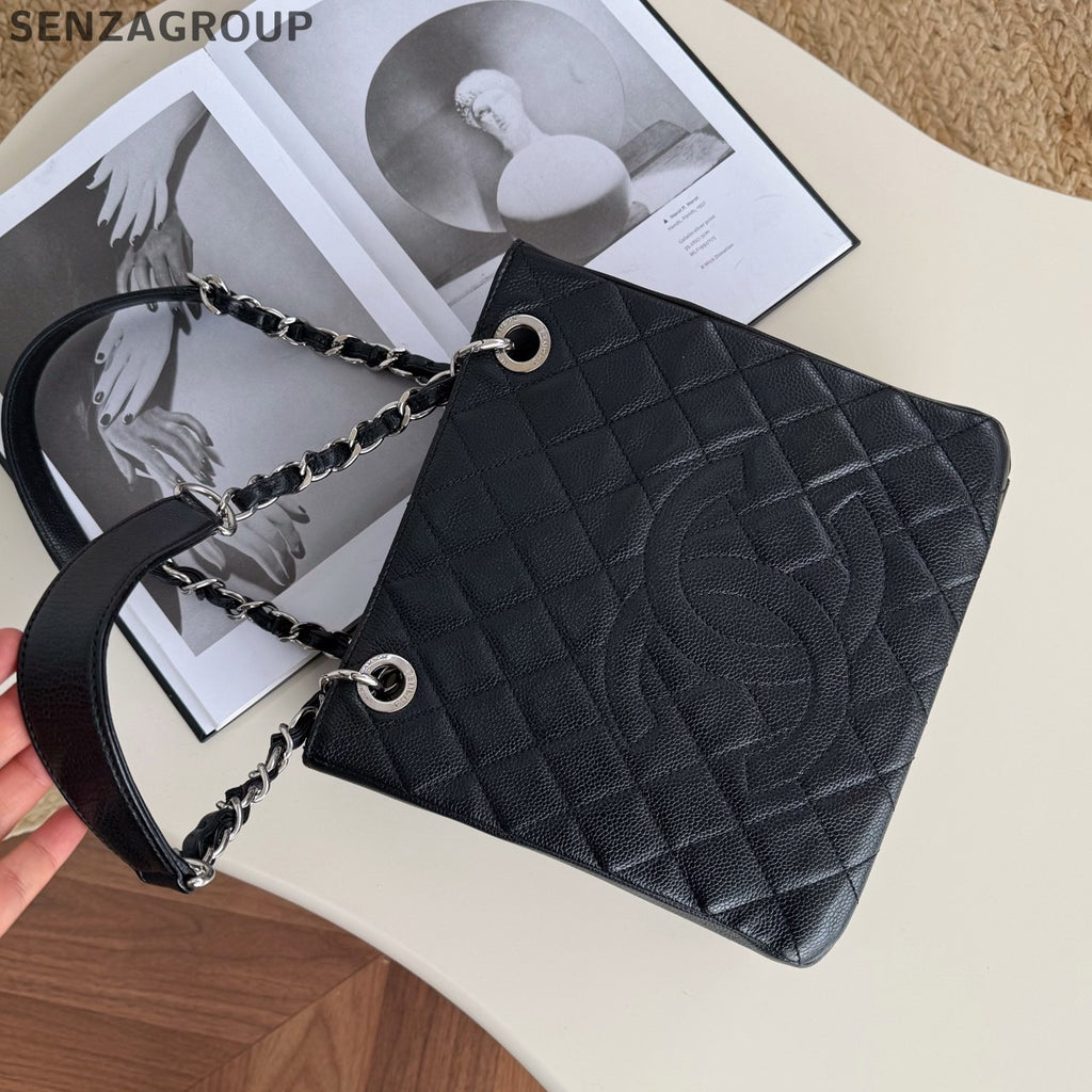 Chanel PST Tote Chain Shoulder Bag Black Silver Used Women Classic