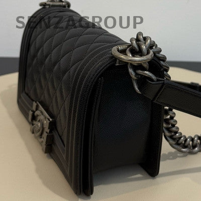 Chanel Lambskin Small Black Silver Boy Bag Classic Chain Shoulder Crossbody
