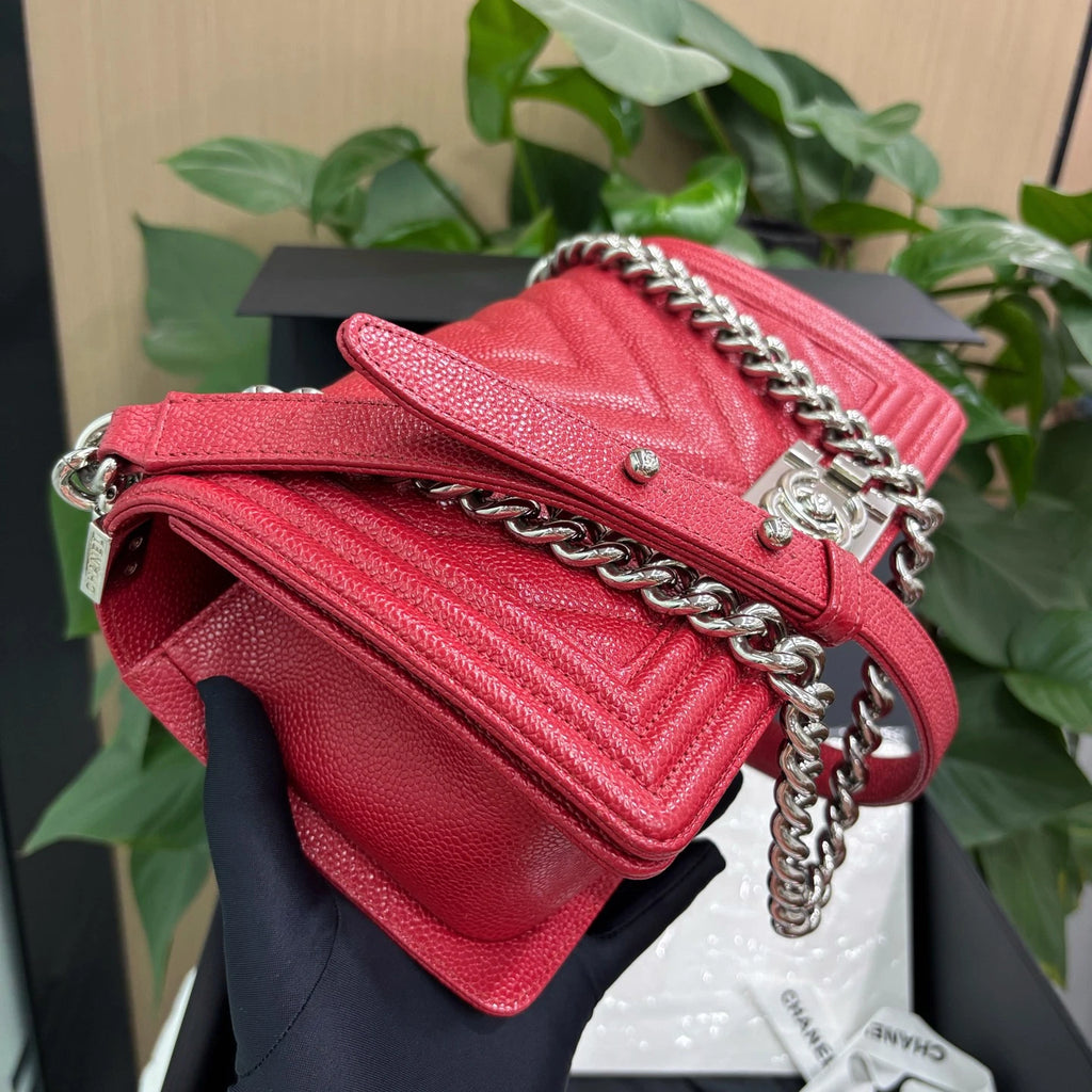 Chanel Leboy MM Calfskin Chain Shoulder Bag Crossbody Red Silver Women Classic