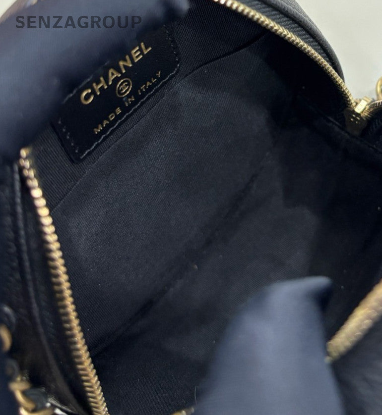 Chanel Calfskin Leather Round Chain Top Handle Bag Crossbody Black Gold Women