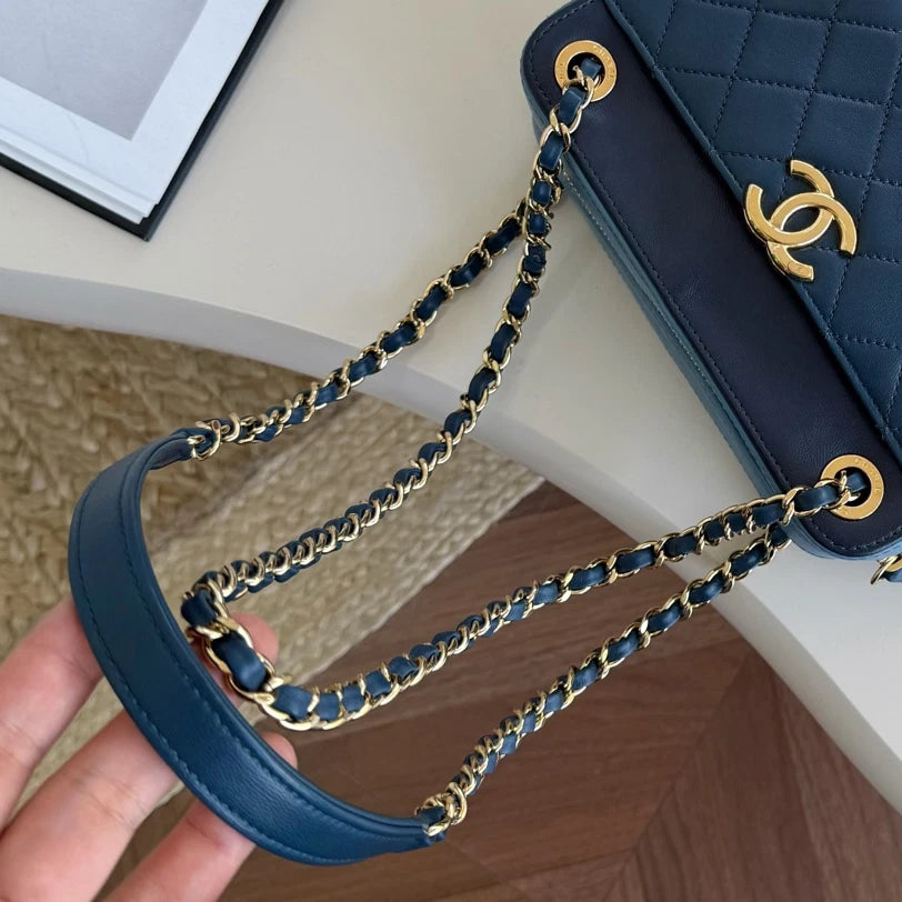 Chanel Diamond Camera Bag Double Chain Blue Shoulder Bag Gold Hardware