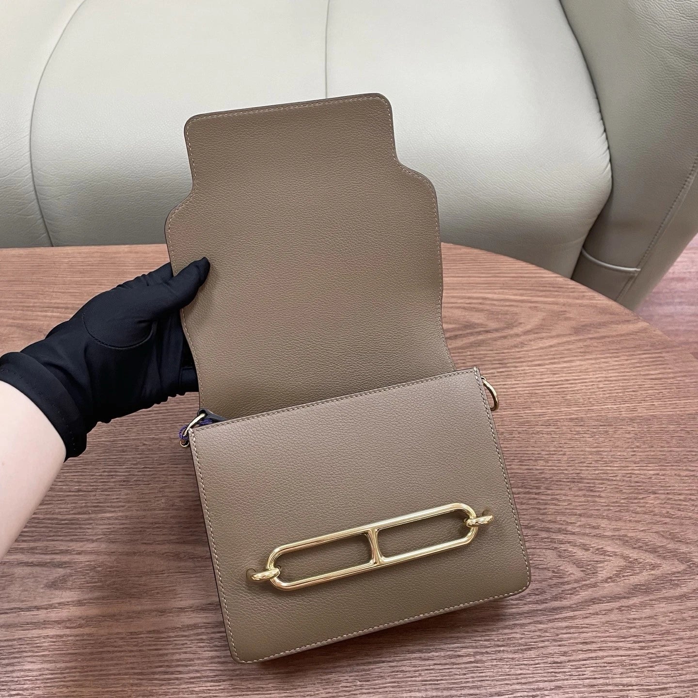 Hermes Roulis19 Evercolor Leather Shoulder Crossbody Gray Gold Women Classic