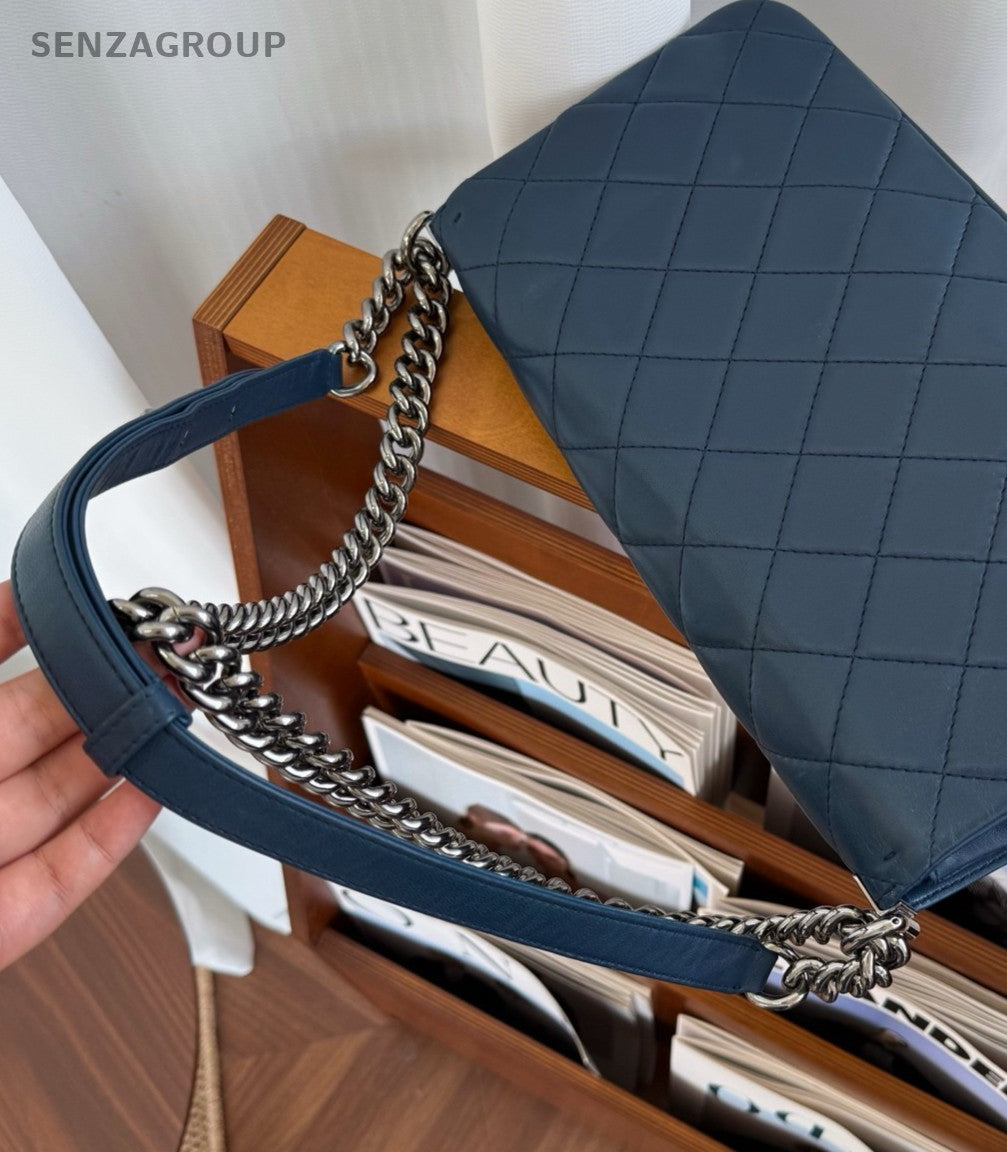 CHANEL Leboy Calfskin Chain Shoulder bag Crossbody Women Blue Silver