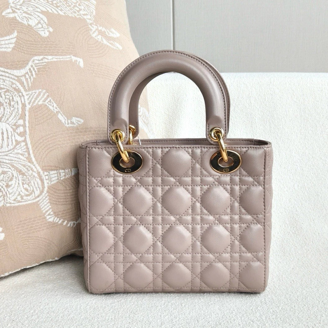 Christian Dior Lady Dior Lambskin Top Handle Crossbody Beige Gold Women Classic