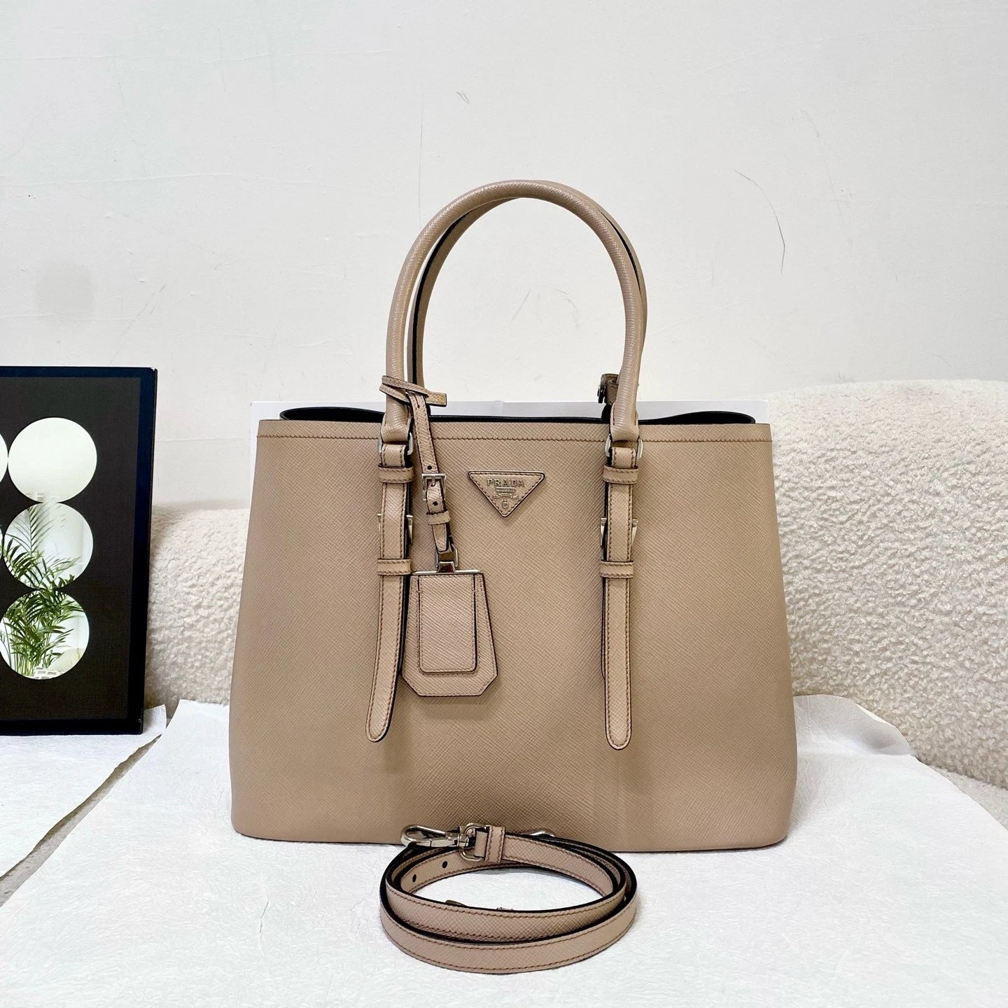Prada Double Beige Classic Tote Handbag Crossbody Bag For Women