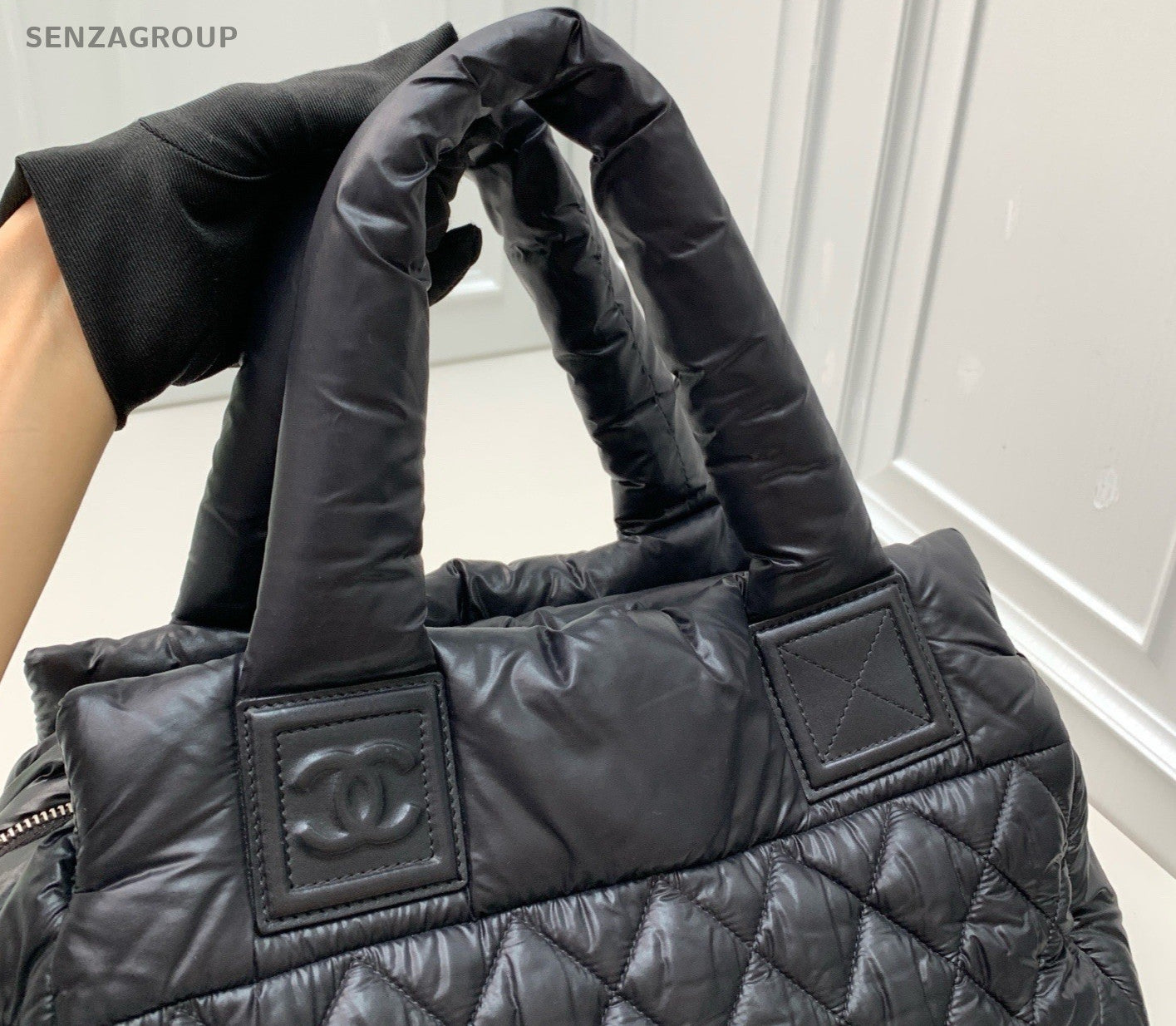 CHANEL Puffer Fabric Tote Pillow Shoulder Bag Black Women