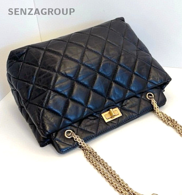 CHANEL 2.55 Black Gold Oil wax leather Shoulder Handbag Classic Small