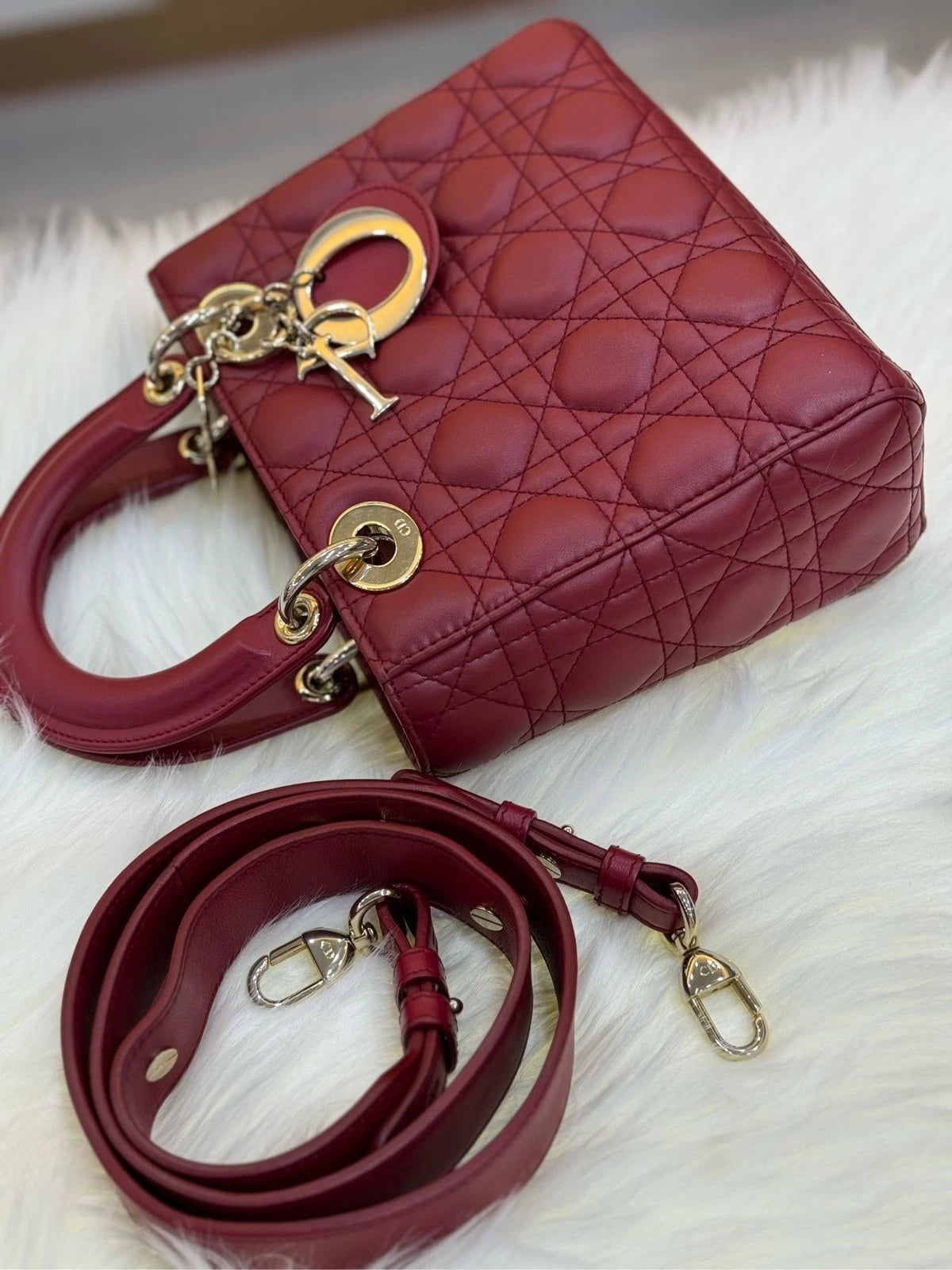 Dior Red Lambskin 4-Grid Lady Dior Shoulder Bag For Women