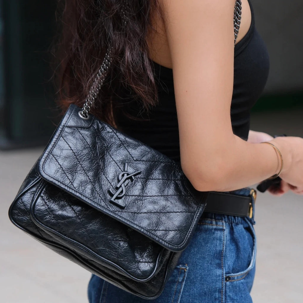 Saint Laurent Niki Black Silver Shoulder Bag Chain Bag Excellent