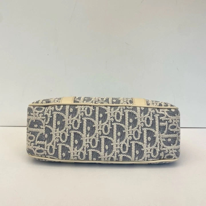 Authentic Dior D-Vibe Mini Bowling Bag Blue Canvas Beige Leather For Women