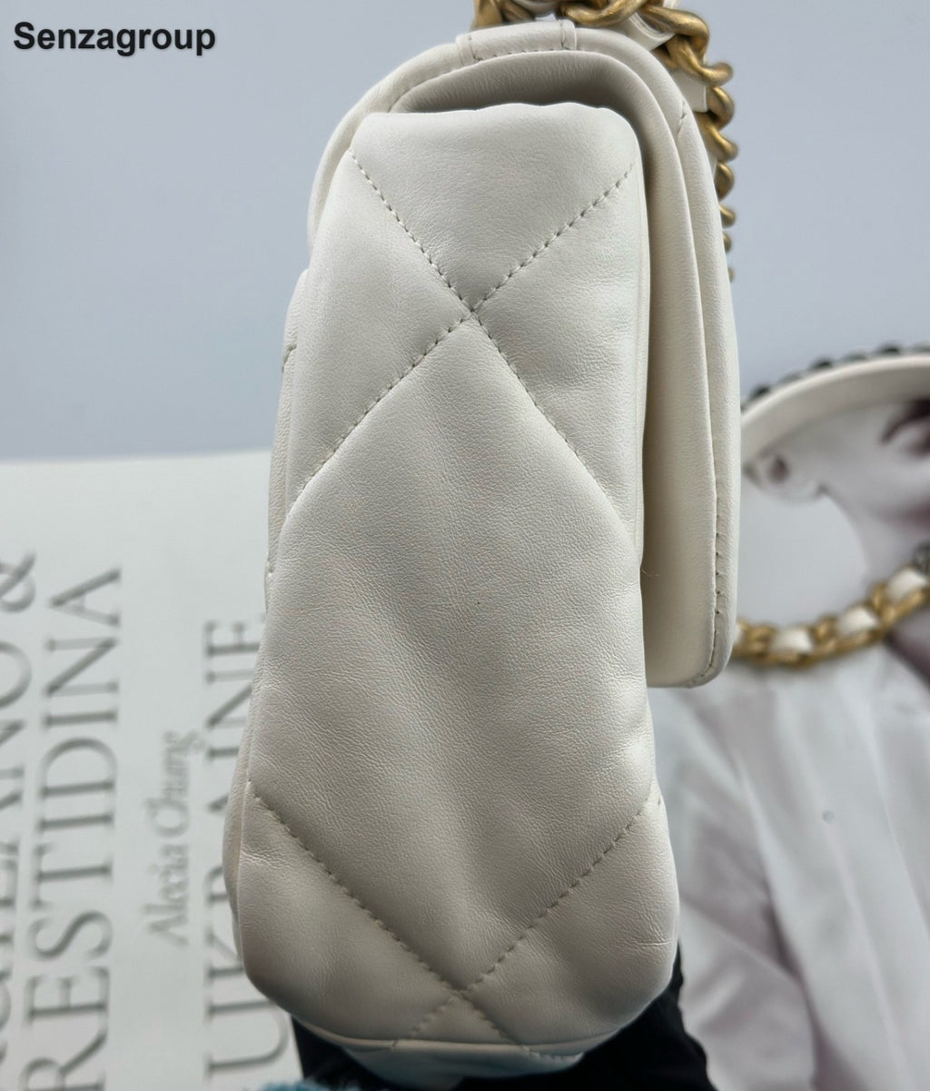 Chanel 19Bag PM Chain Top Handle Shoulder Crossbody White Gold Women Classic