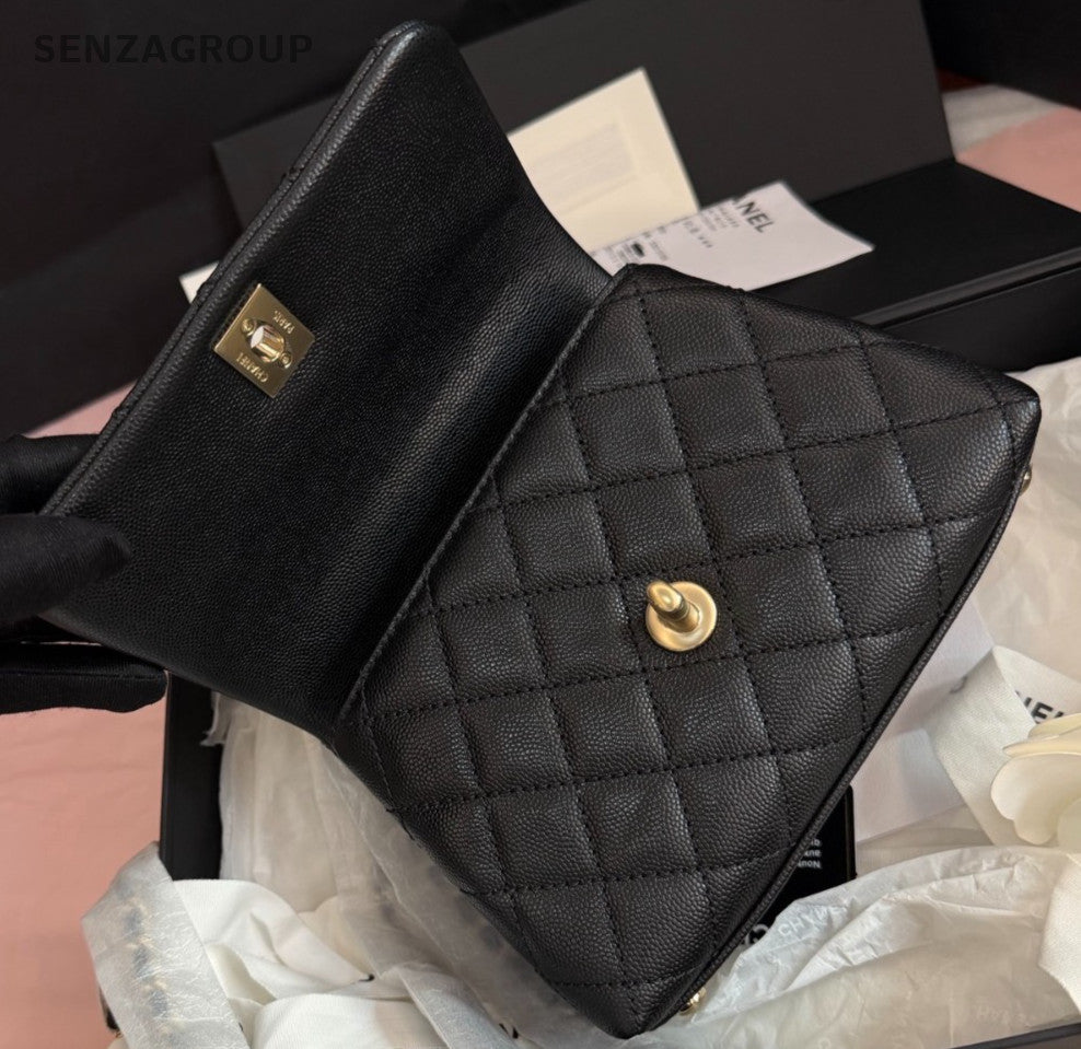 Chanel Cocohandle Mini Diamond Top Handle Bag Chain Crossbody Black Gold Women