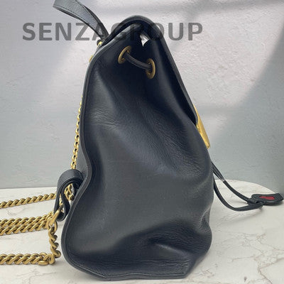 Gucci Black Leather Marmont Chain Backpack Gold Buckle Women's Fashion