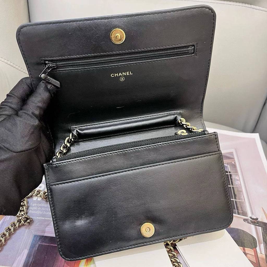 Chanel Leboy WOC Chain Shoulder Crossbody Black Gold Women Classic Diamond