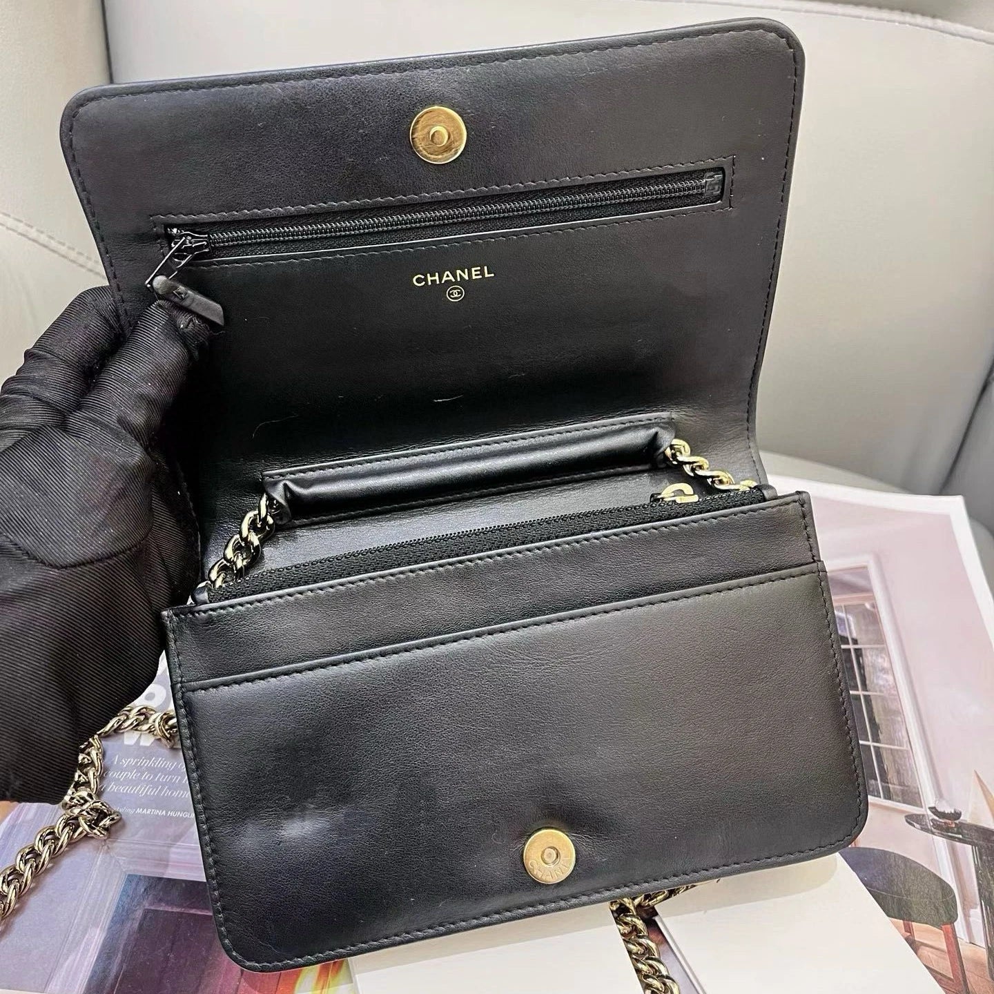 Chanel Leboy WOC Chain Shoulder Crossbody Black Gold Women Classic Diamond