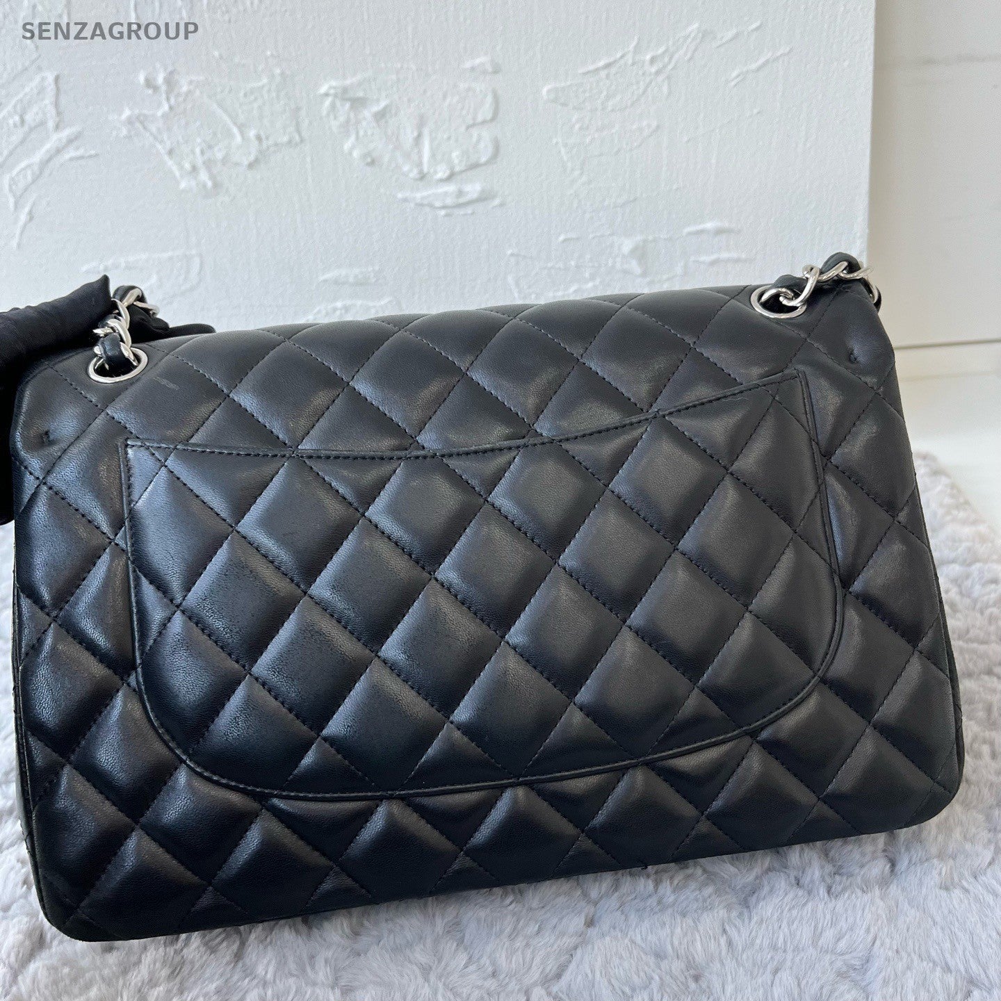 Chanel Classic Flap Jumbo Lambskin Chain Shoulder Bag Black Silver Women Fashion