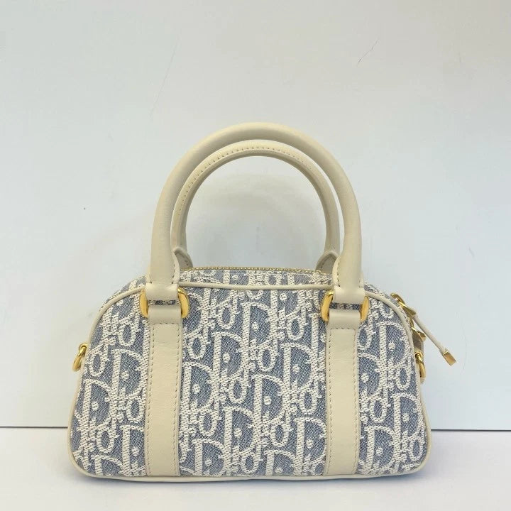 Authentic Dior D-Vibe Mini Bowling Bag Blue Canvas Beige Leather For Women