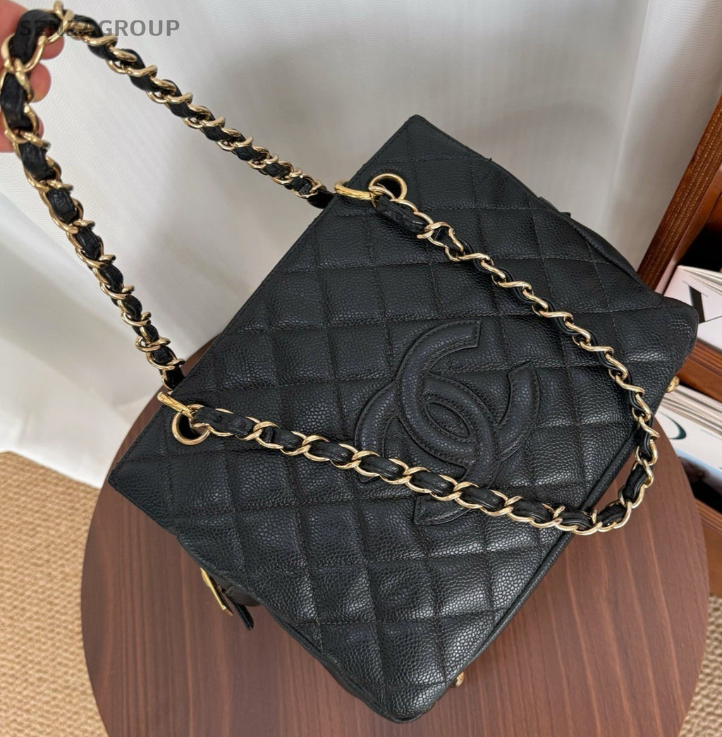 CHANEL PPT Caviar CC Chain Shoulder Handbag Black Gold Women tote