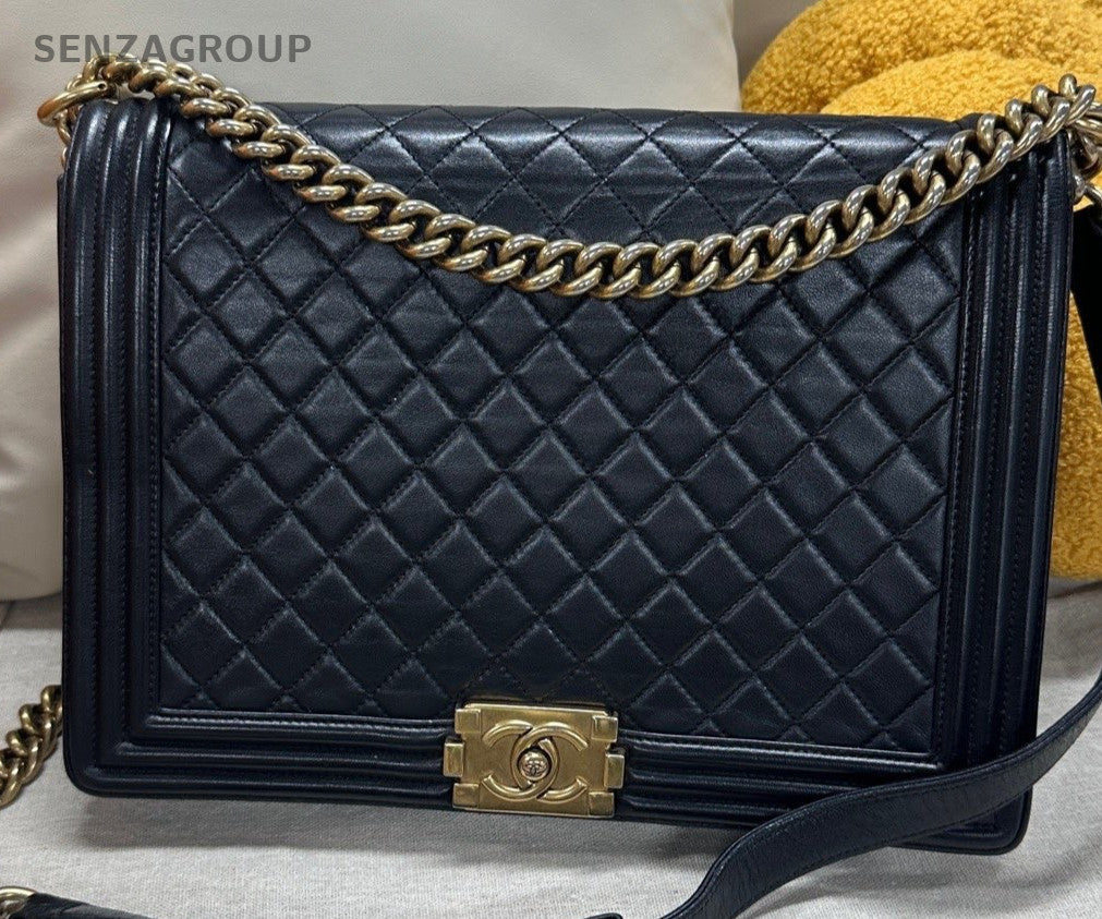 Chanel Leboy Maxi Lambskin Chain Shoulder Bag Black Gold Women Classic Diamond