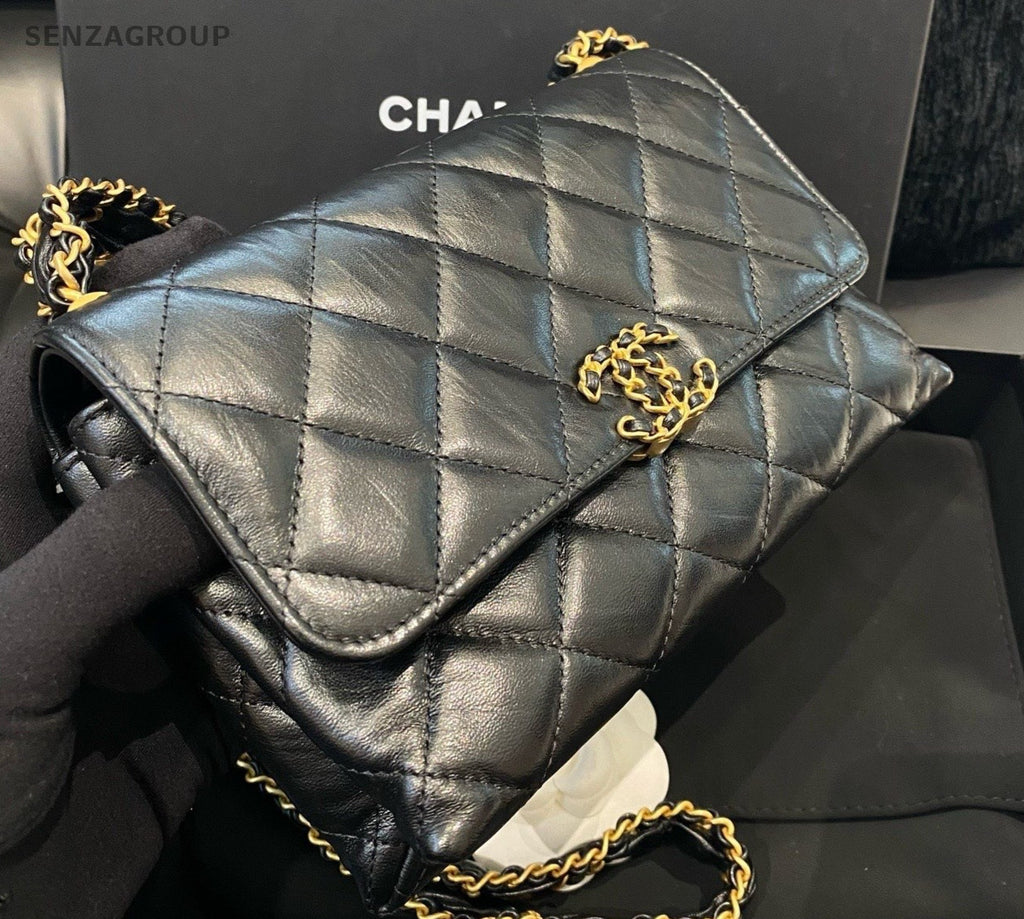 Chanel 19Bag Calfskin Chain Shoulder Bag Crossbody Black Gold Women Classic