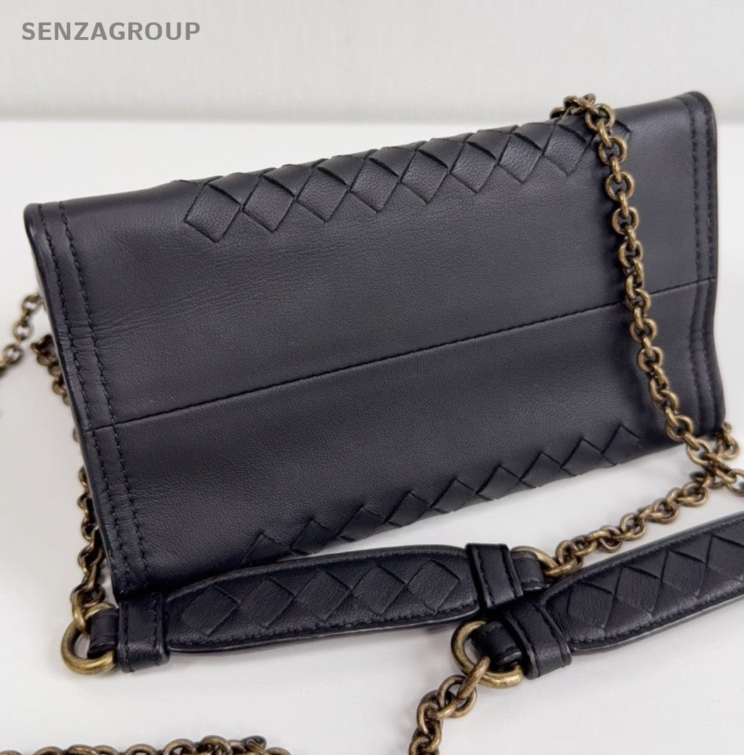 Bottega Veneta Woven Chain Shoulder Bag Crossbody Black Gold Women Classic