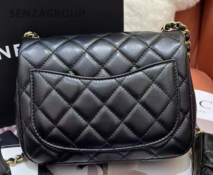 Chanel Diamond Chain Crossbody Shoulder Bag Black Gold Women Classic Fashion