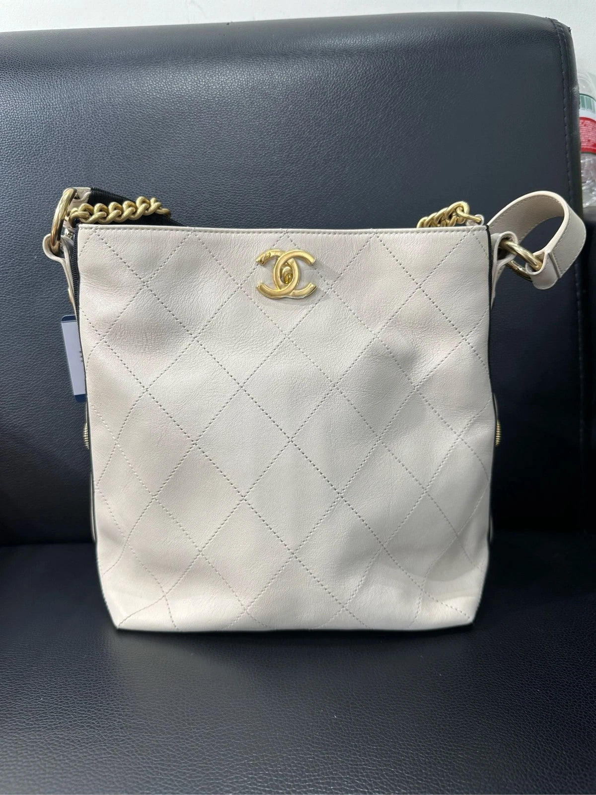 Authentic CHANEL Canvas Emblem Hobo Shoulder Bag Beige For Women