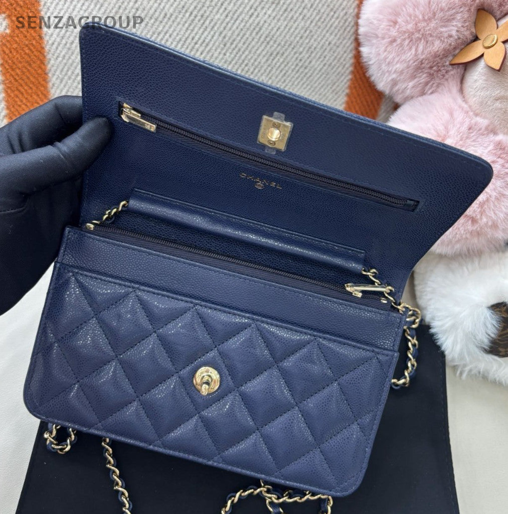 Chanel WOC Calfskin Chain Shoulder Bag Crossbody Blue Gold Women Classic Fashion
