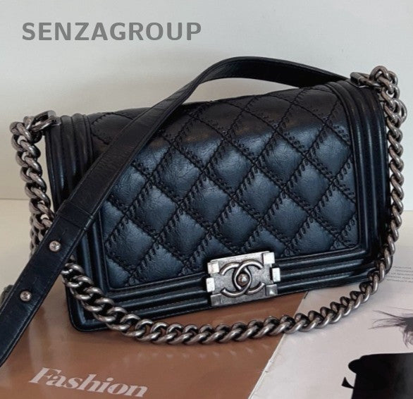Chanel Leboy MM Calfskin Chain Shoulder Bag Black Silver Women Classic Fashion