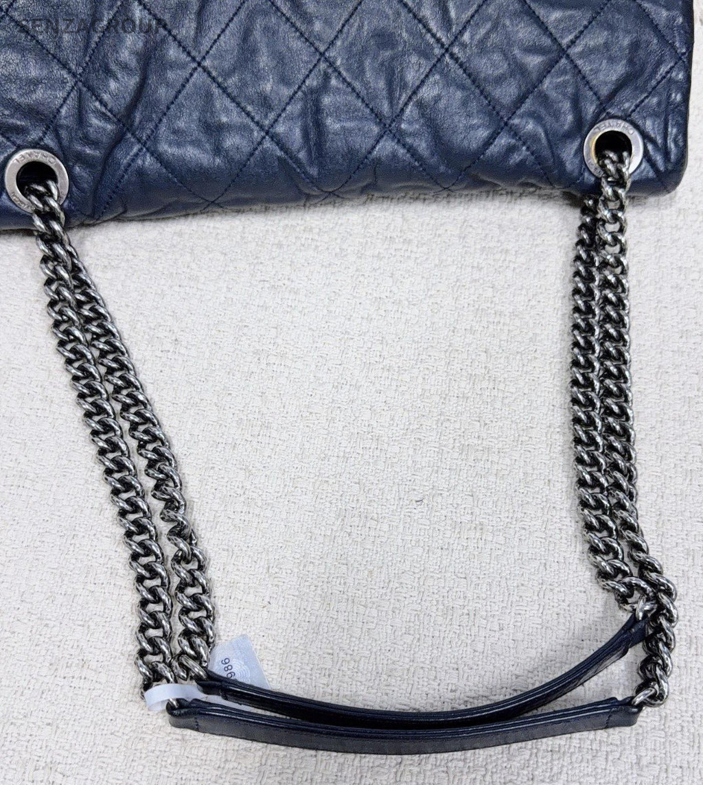 Chanel Classic Flap Chain Shoulder Bag Crossbody Blue Silver Women Diamond